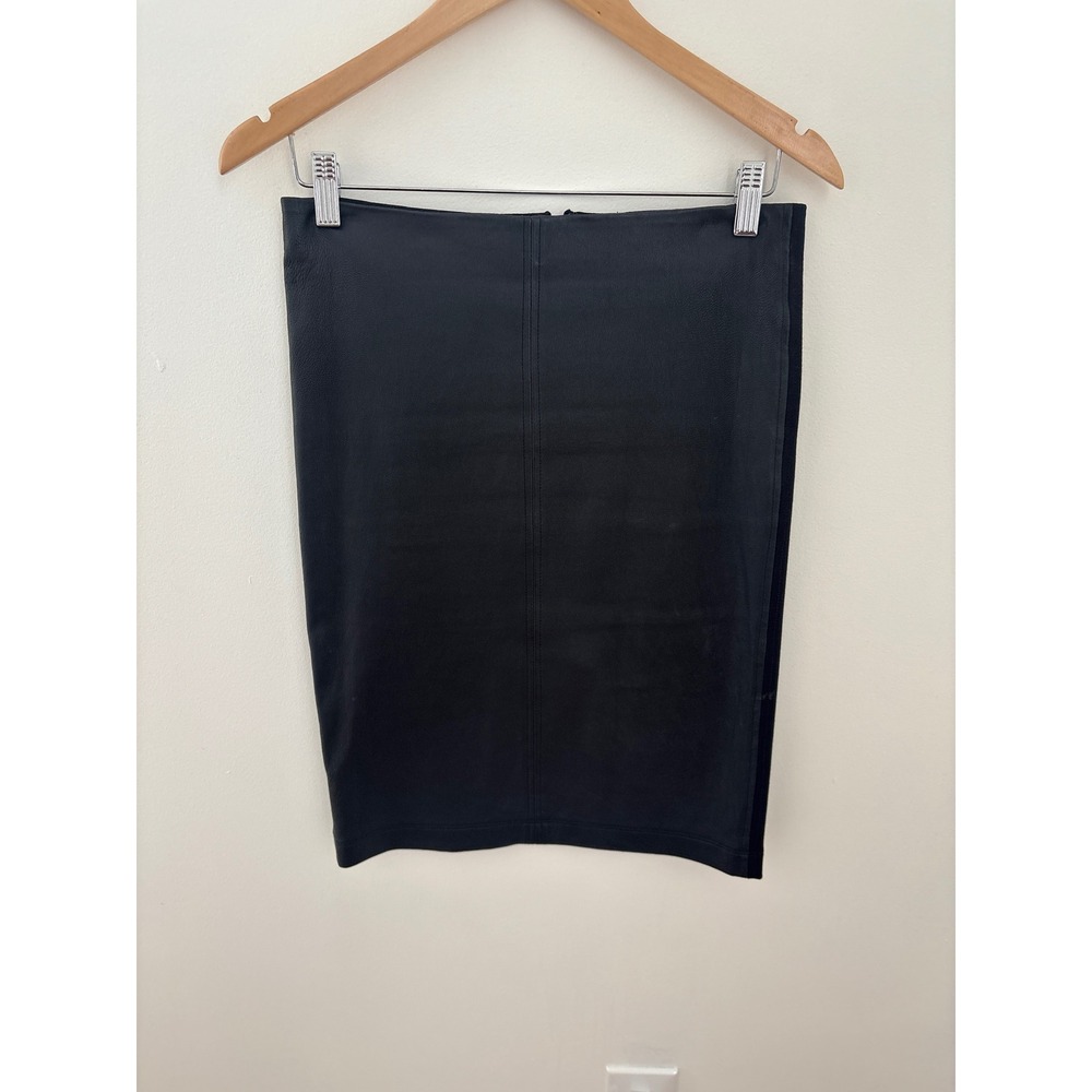 Neiman Marcus Black Leather Front Ponte Back Pencil Skirt Size S Mixed Media‎